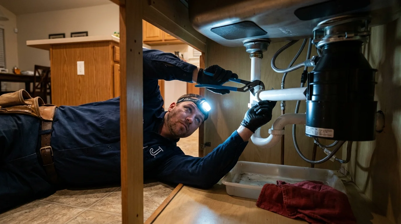 P-trap and supply line connections under a kitchen sink showing a common leak point in Loa, UT
